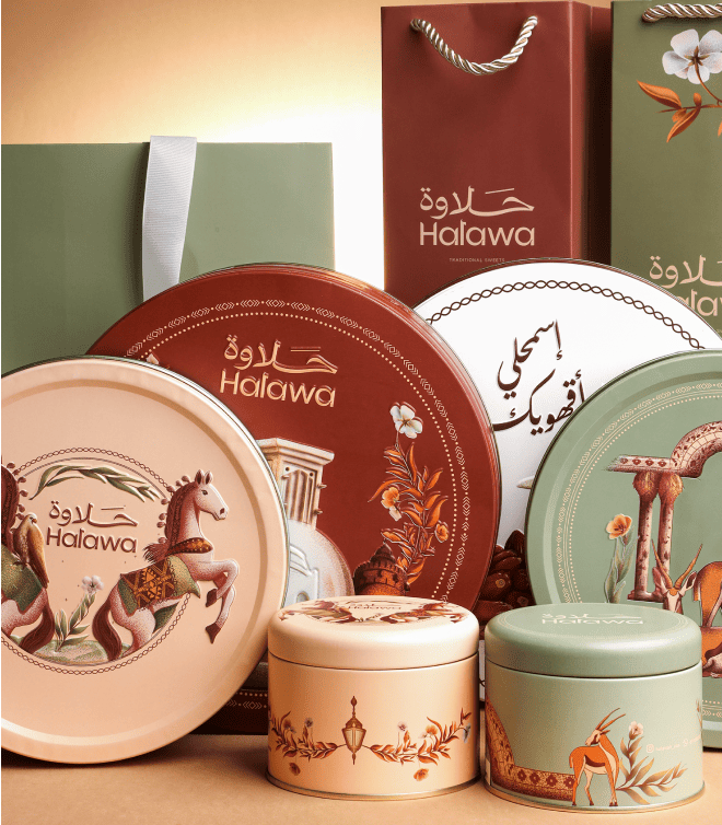 Halawah branded confectionery packaging and gift tins