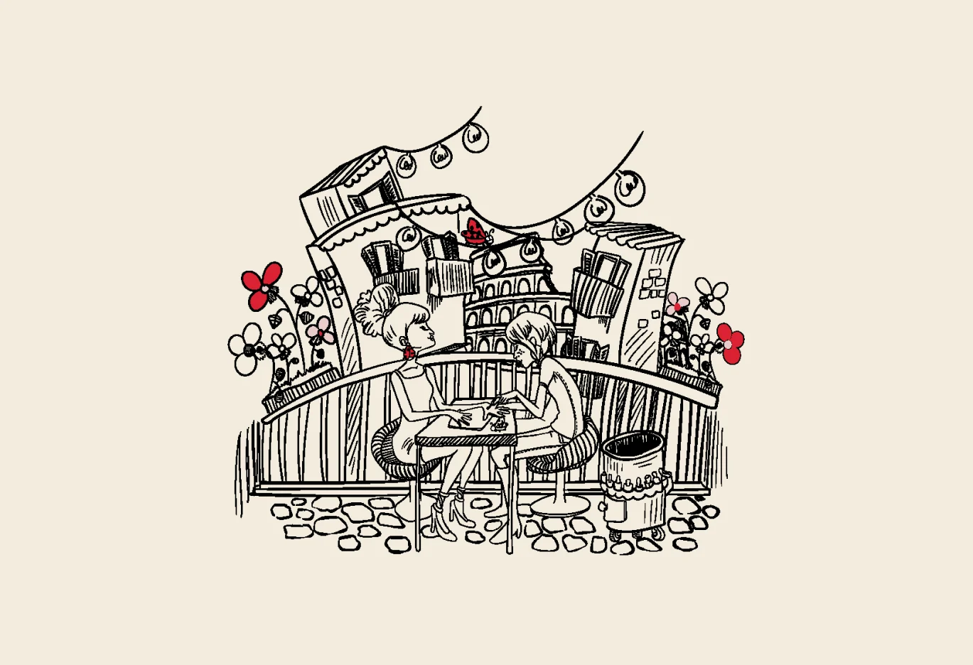 Lucky & Blessy hand-drawn café storefront illustration