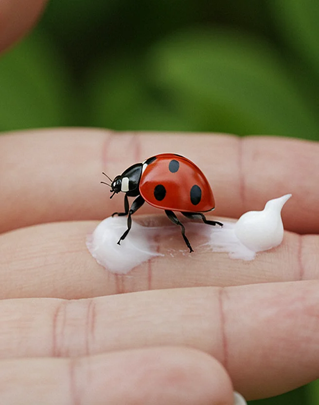 Ladybug on a hand beside a dab of white cream